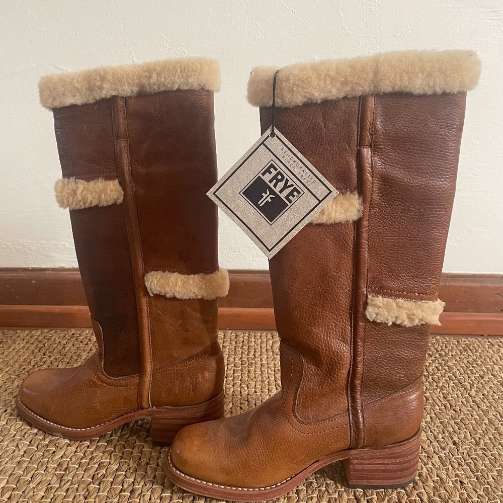 Vintage 70's Frye Shearling Brown Leather Stacked Heel Boots 77025